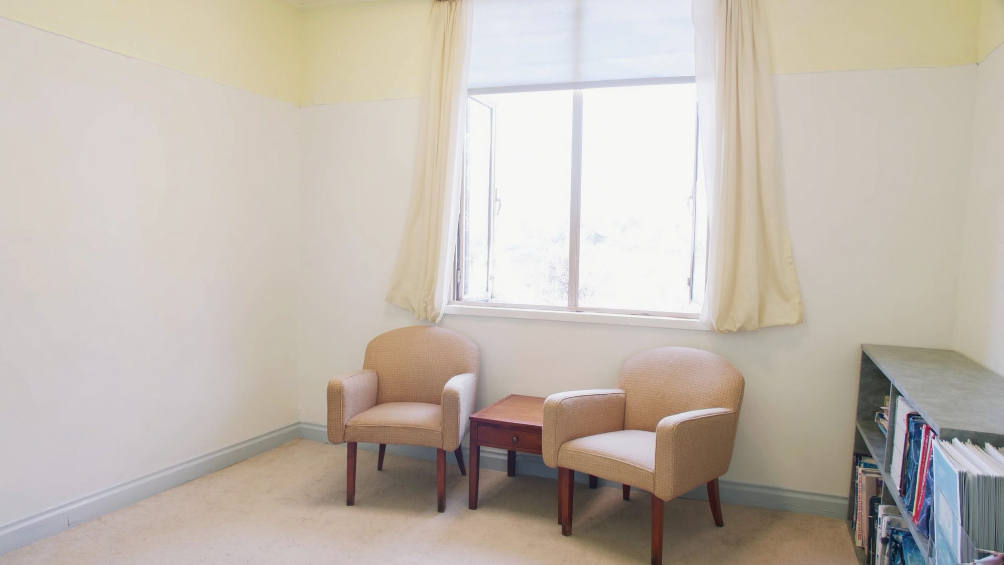 Two matching upholstered armchairs set at the same height either side of a low table in a small daylit office, a bookshelf of binders to one side.